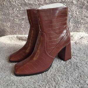 Lisa Vicky Womens Brown Croc Embossed Block‎ Heel Ankle Boots Square Toe 11M NEW